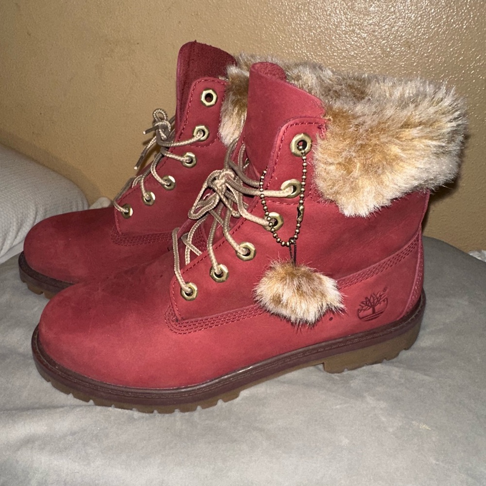 Timberland Maroon/Burgundy Fur Topped Boots